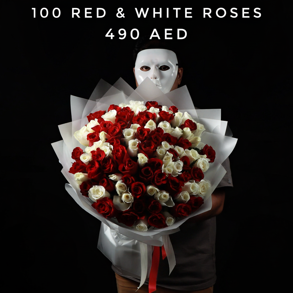 100 Red & White Roses Bouquet - 490 AED Main image