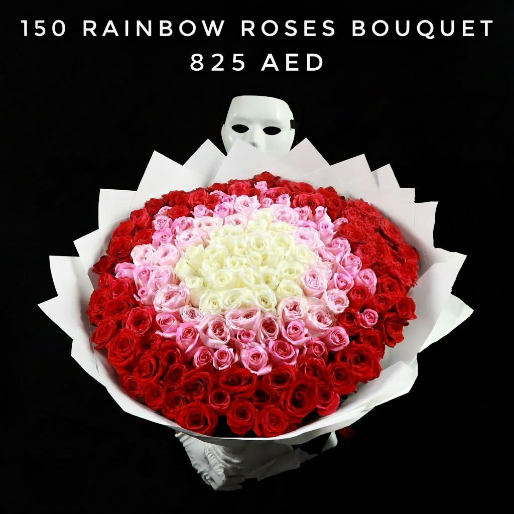 150 Rainbow Roses Bouquet - 825 AED Main image
