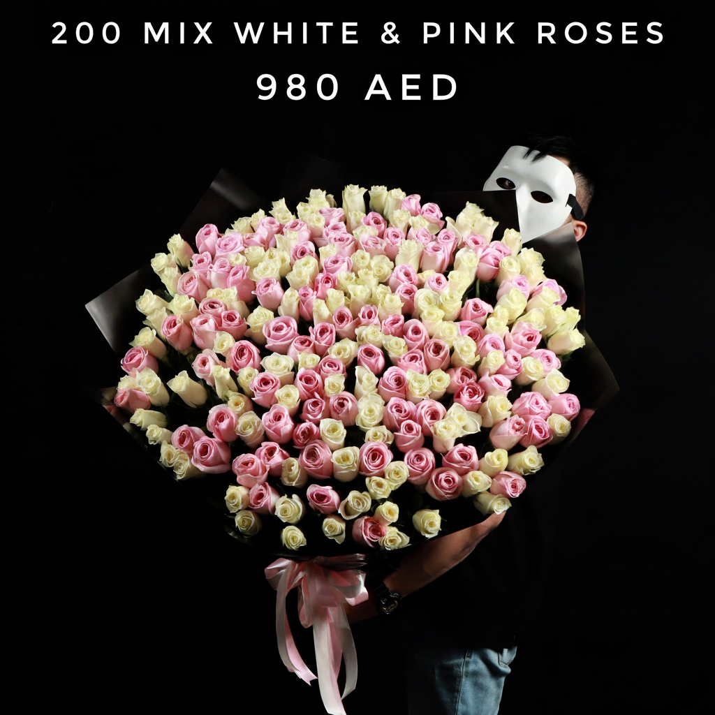 200 Mix White & Pink Roses Bouquet - 980 AED