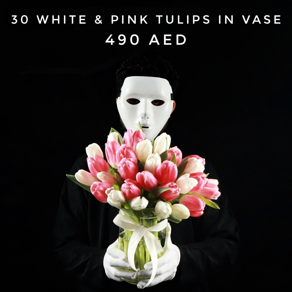 30 White & Pink Tulips In Vase