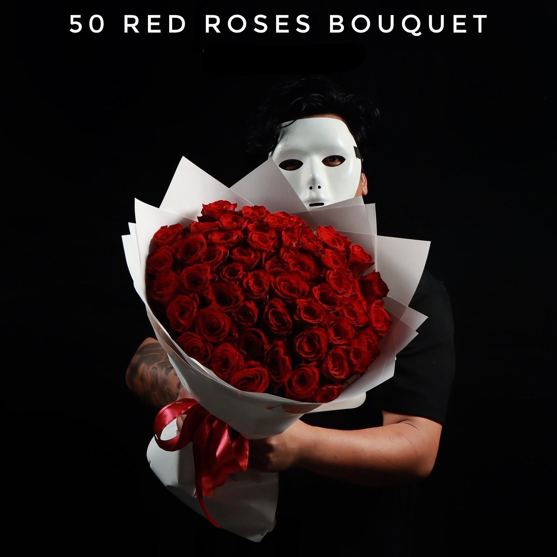 50 Red Roses Bouquet in White Wrapping Main image