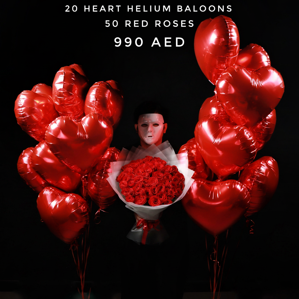 50 Red Roses Bouquet & Heart Balloons with 990 AED price