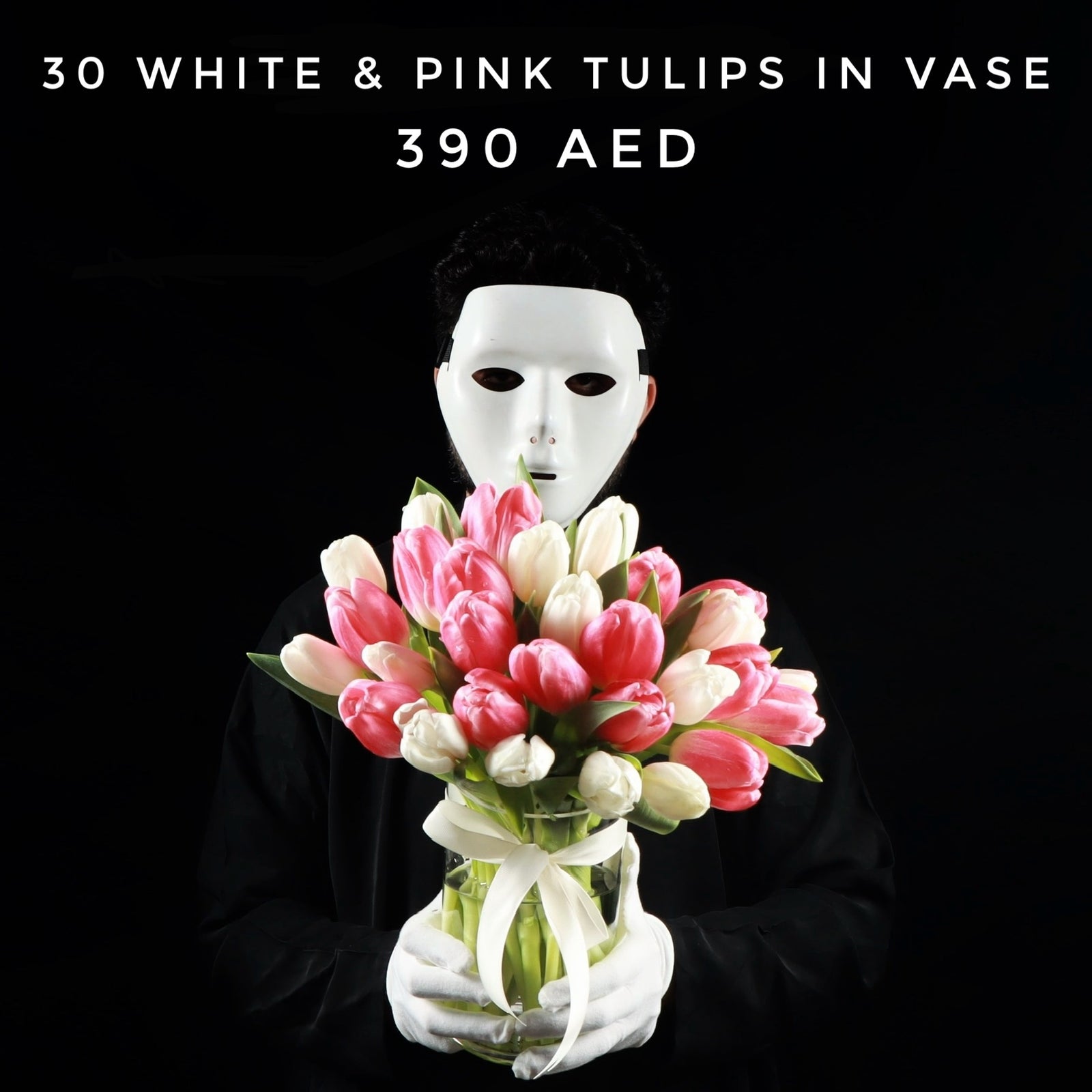 30 White & Pink Tulips In Vase