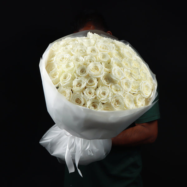 60 Premium White Roses Bouquet