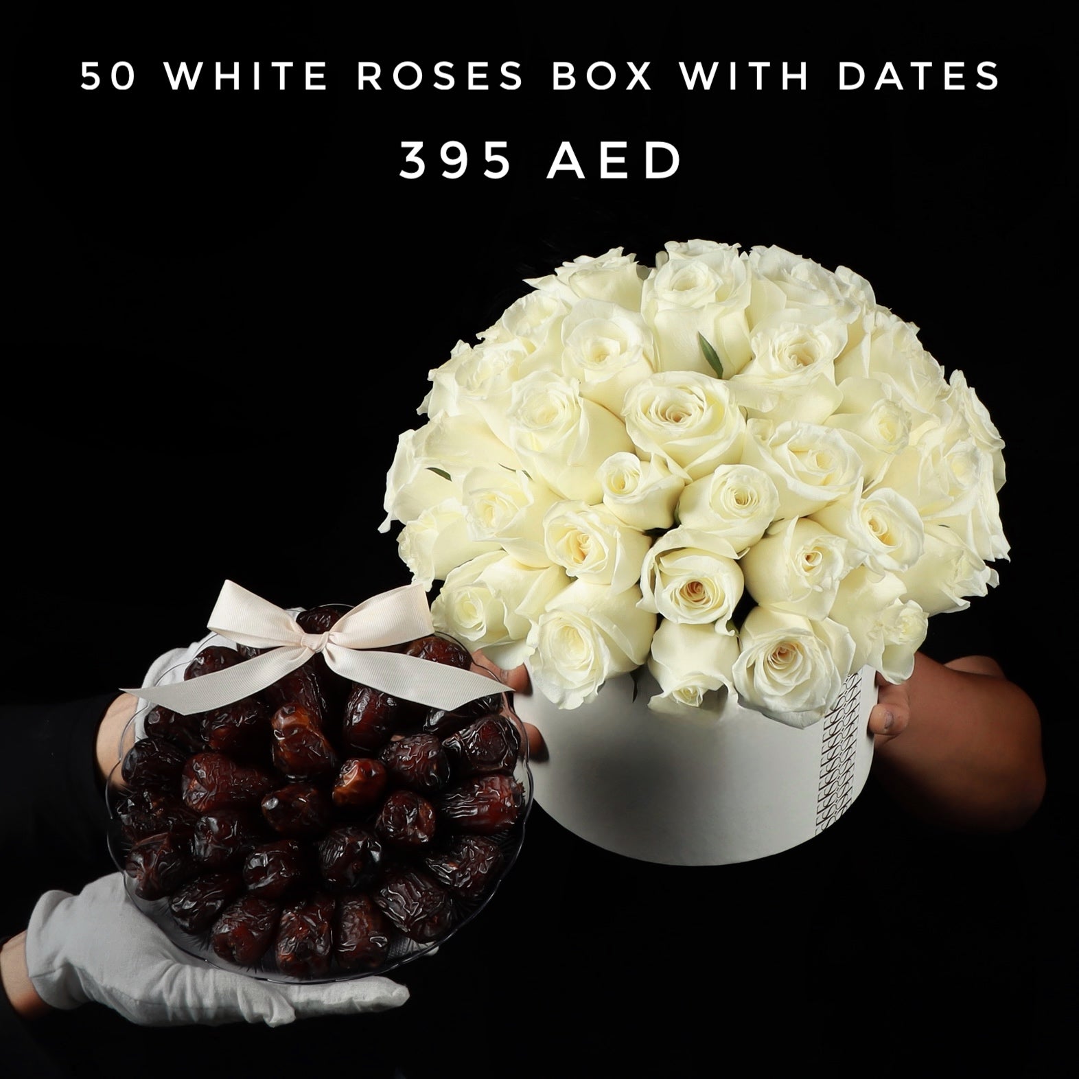 50 White Roses Box with Dates