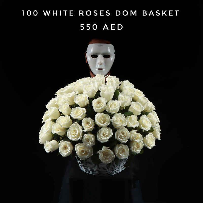 100 White Roses Dom Basket