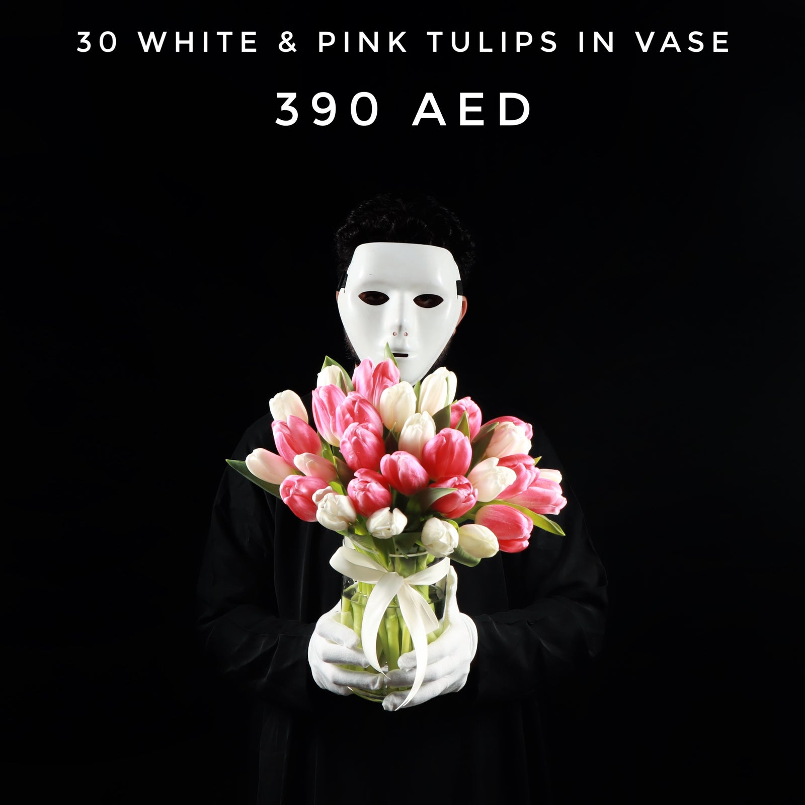 30 White and Pink Tulips in Vase