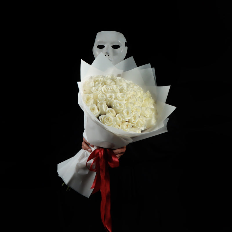 50 White Roses Bouquet in White Wrapping