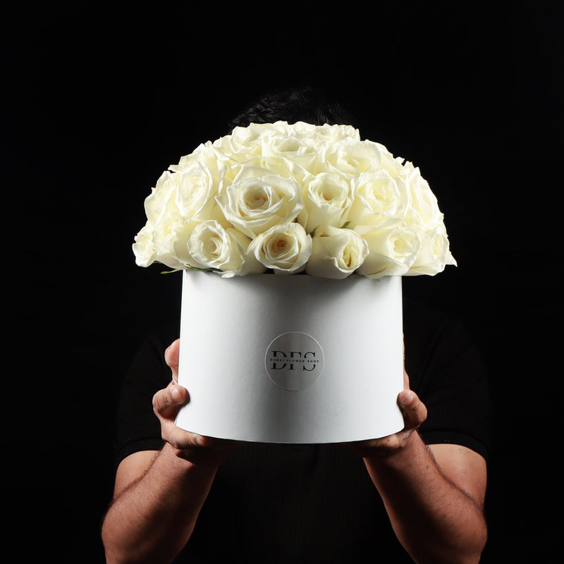 50 White Roses In White Box