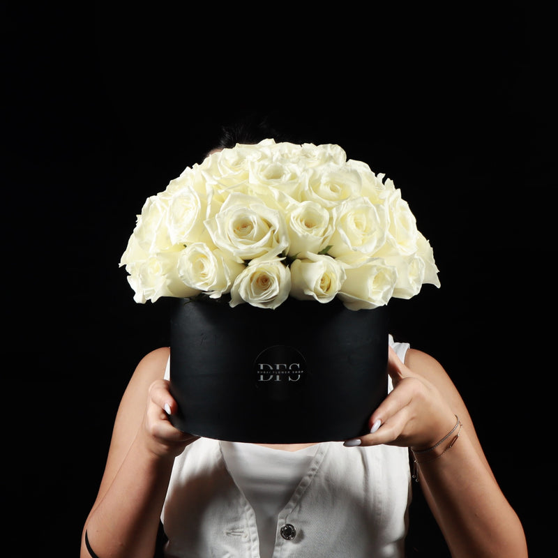 50 White Roses In Black Box