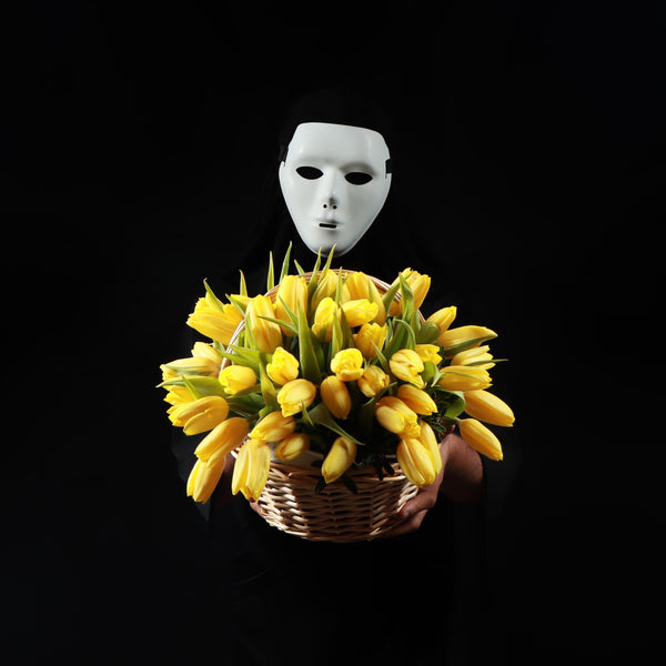 50 Yellow Tulips Basket