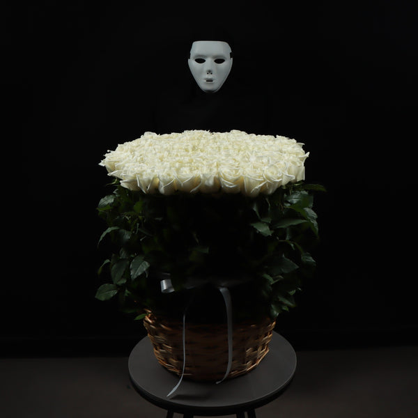 100 White Roses Basket