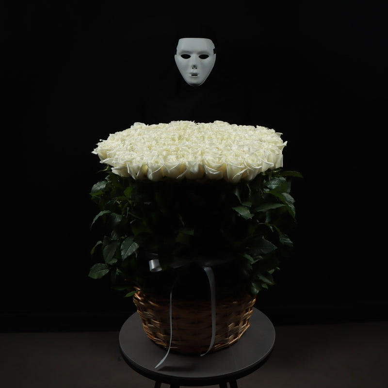 100 White Roses Basket