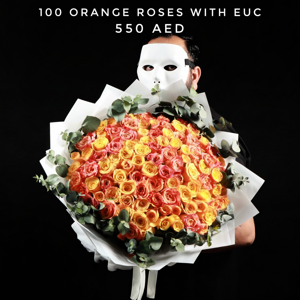 100 Orange Roses With Eucalyptus Bouquet - 550 AED Main image