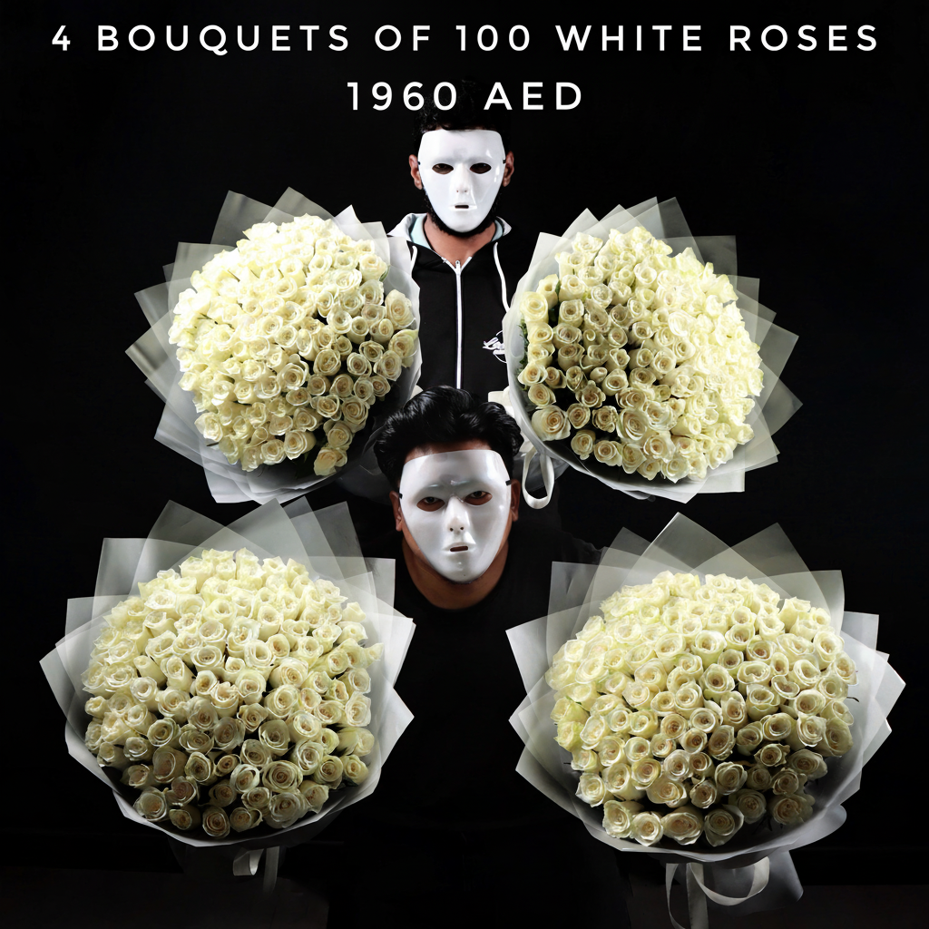 4 Bouquets of 100 White Roses Main image