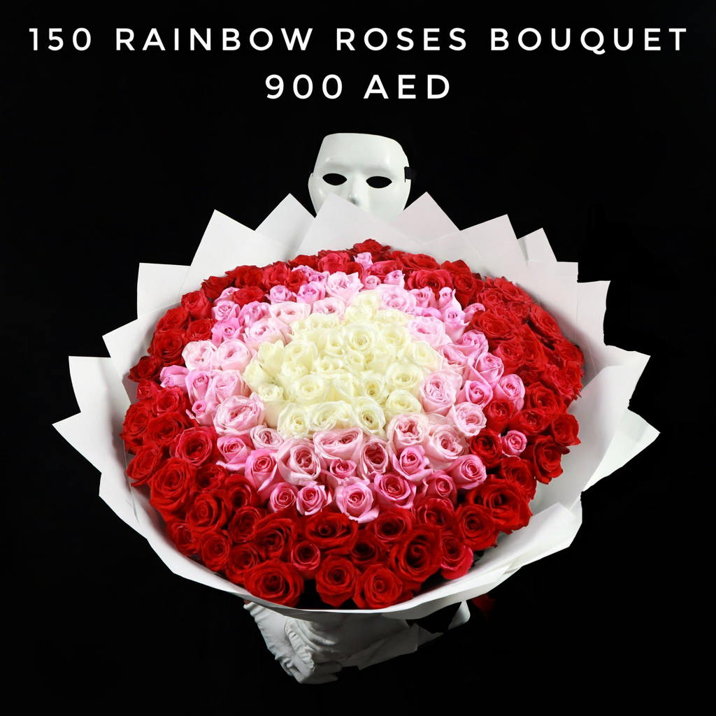 150 Rainbow Roses Bouquet - 900 AED Main image