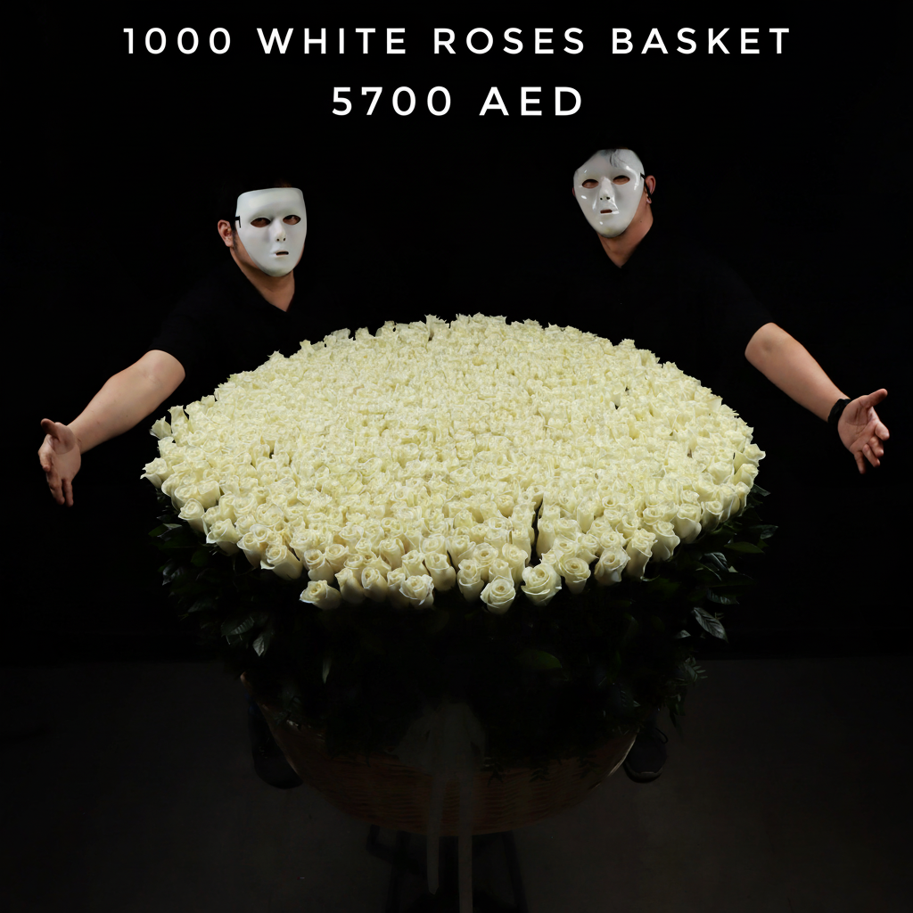 1000 White Roses Basket Valentine's Edition - 5700 AED Main image