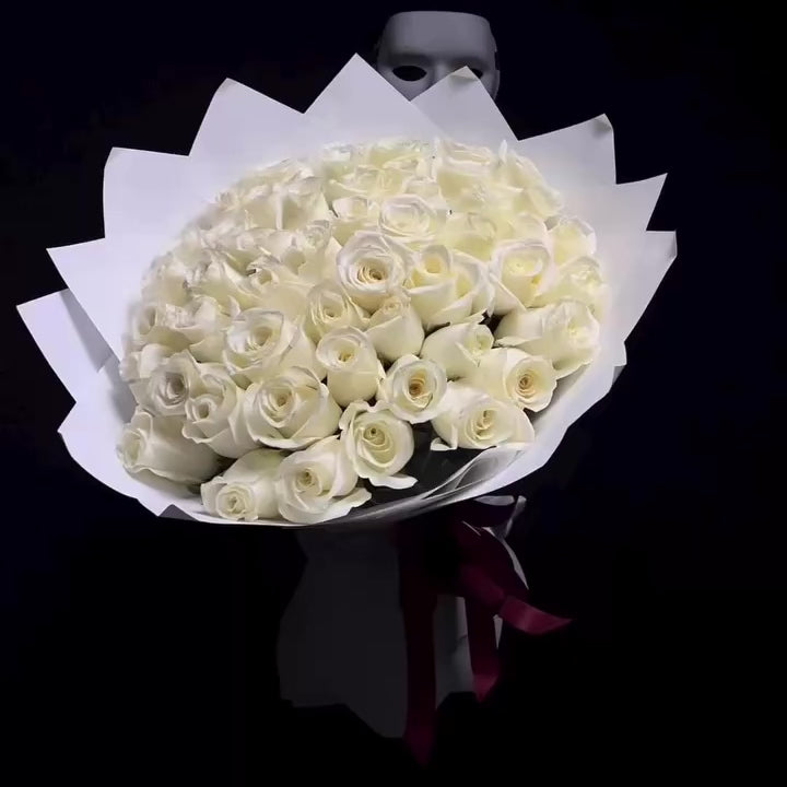 50 White Roses Bouquet in White Wrapping